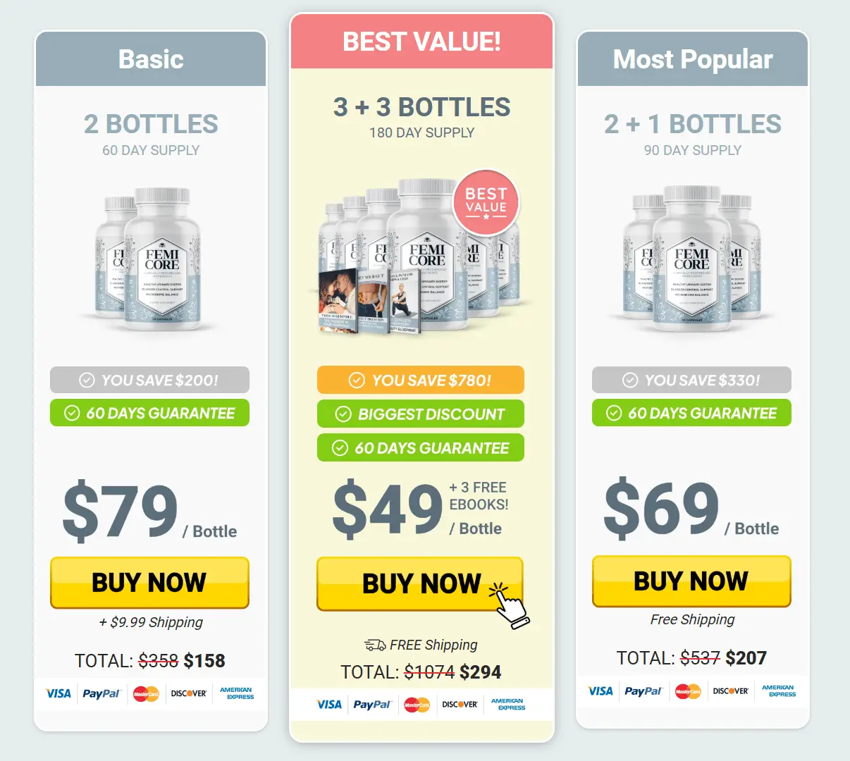 FemiCore pricing packages — 1 bottle, 3 bottles, 6 bottles with bonuses